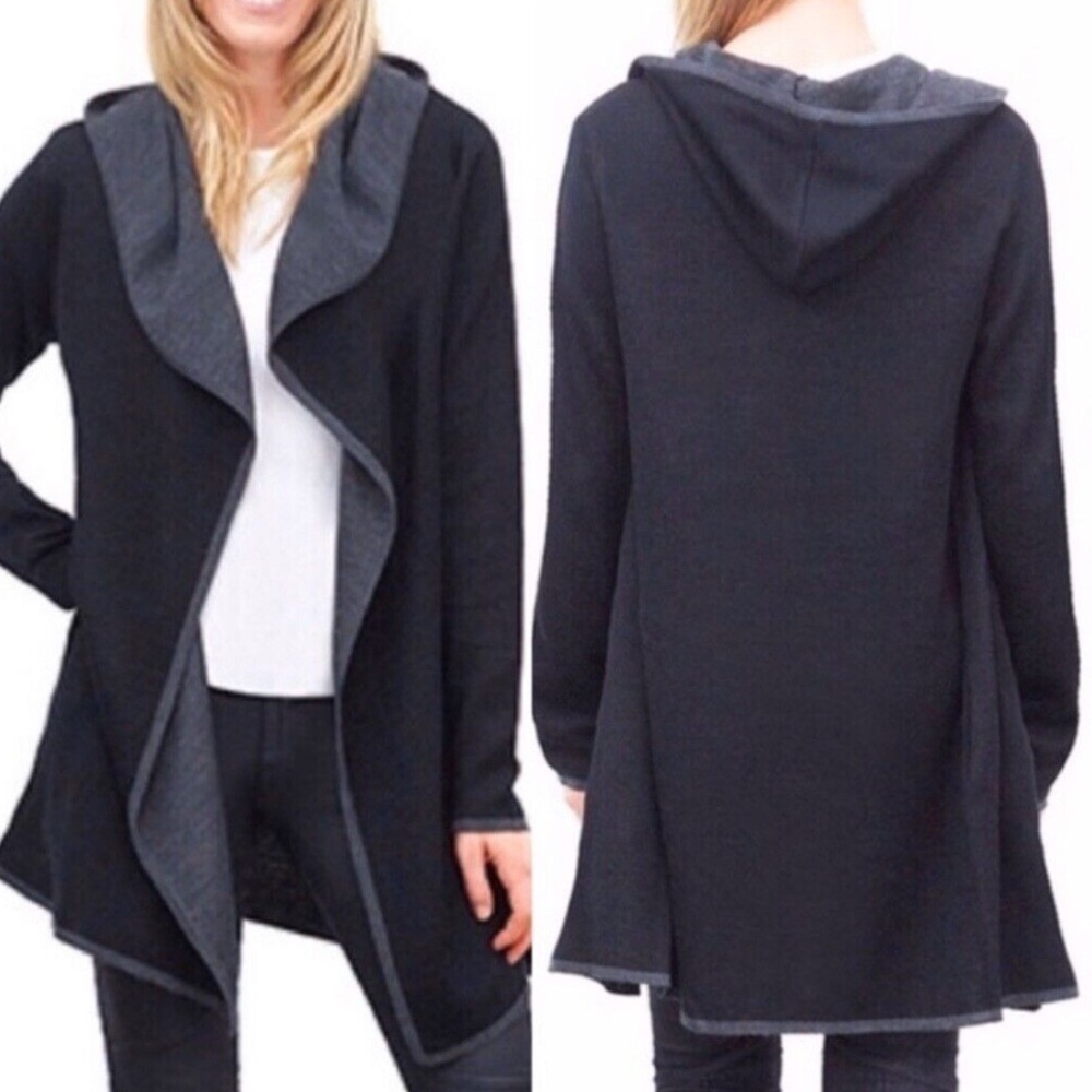 BNCI by Blanc Noir Women's Wool Blend Open Front Hooded Long Cardigan Black L